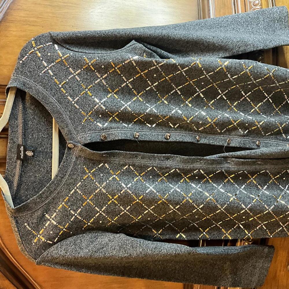Rafaella Gray Cardigan Sweater/Jacket with gold/silver crisscross beading